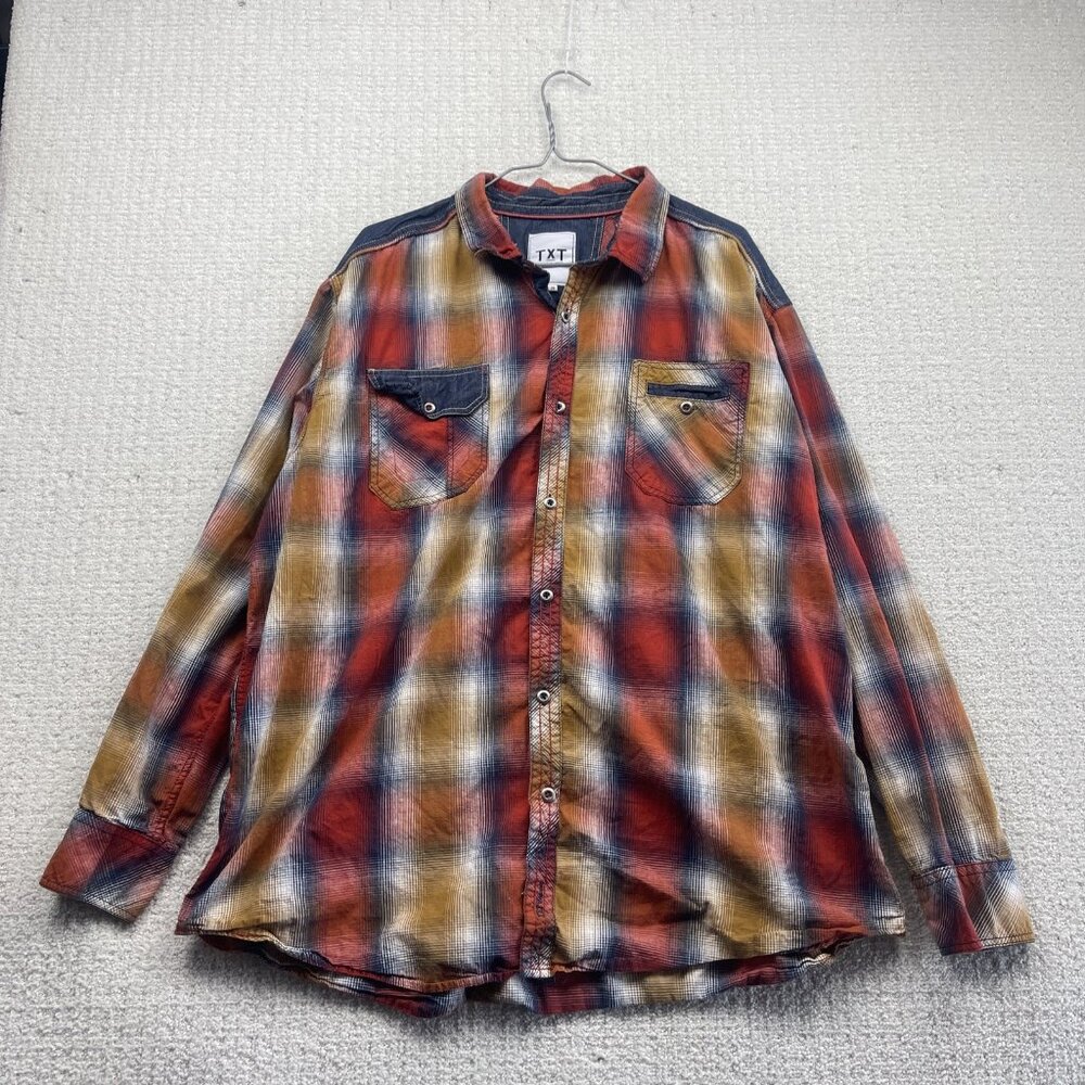 TXT Button up Dress Shirt Plaid Orange / Blue Western Cowboy Rodeo Men Sz 2X